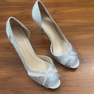Gorgeous Paradox London Pink Catrina Silver Satin with Rhinestones Pump size 10
